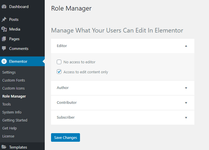 add user roles in elementor